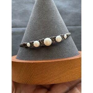 Vintage sterling silver bracelet white pearls & marcasite stones Estate Jewelry